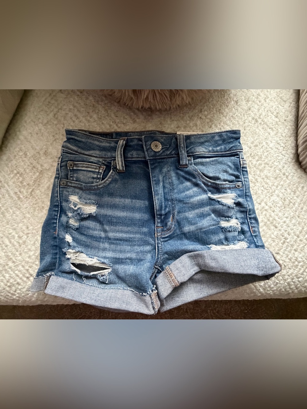American Eagle Outfitters Distressed Cuffed Jean Shorts - Blue